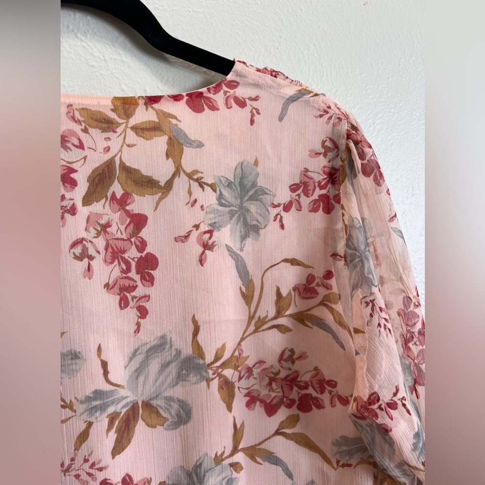 Vince Camuto Chiffon Peplum Blouse Top Peach Floral Print 3/4 Sleeves Bell - Picture 7 of 7